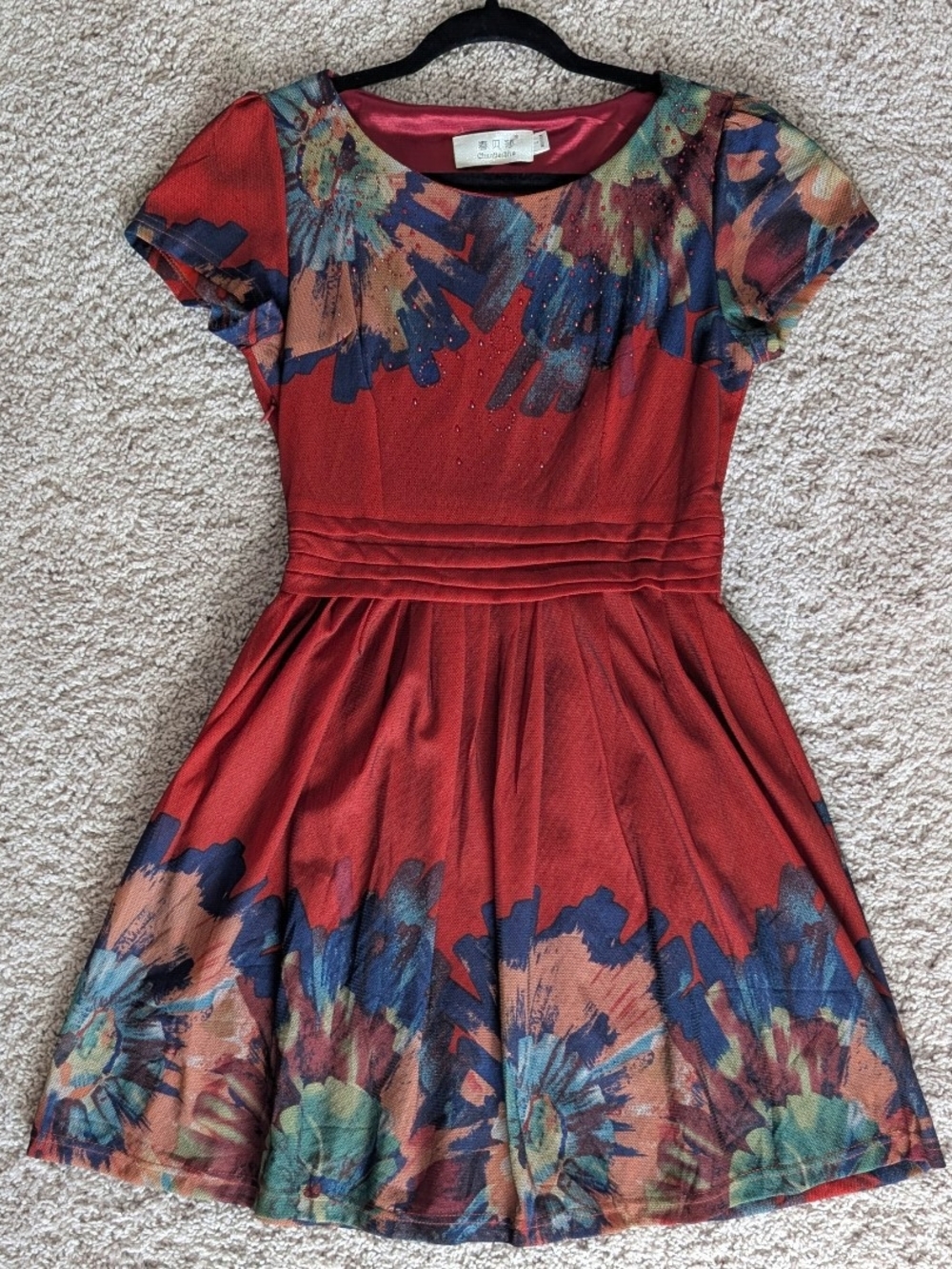 ChunBeiSha Floral Print Burgundy Fit & Flare Dress Small - Picture 2 of 8